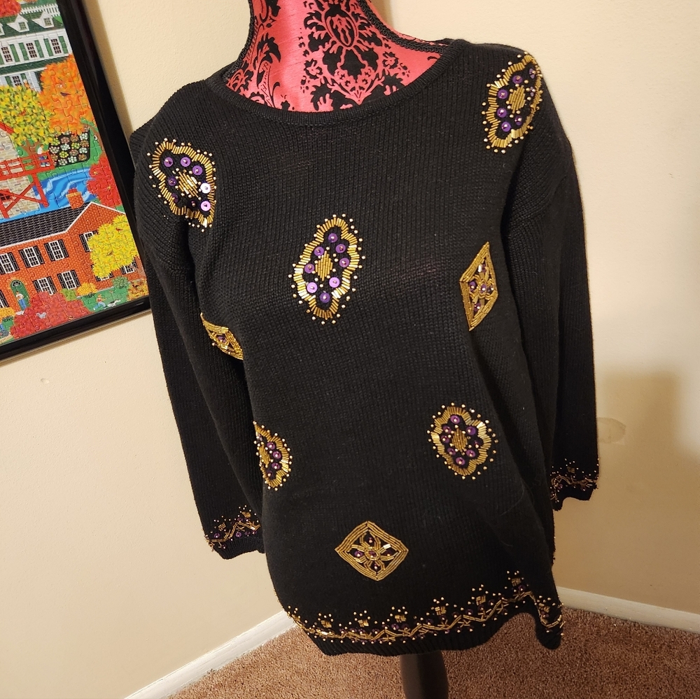 Marnie West Embellished Black Sweater with Gold and Purple Accents Medium